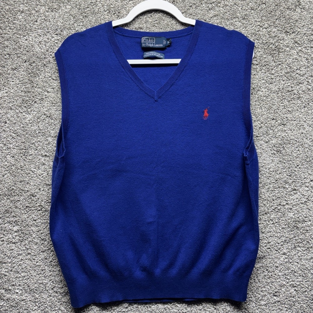 Vintage Polo Ralph Lauren Sweater Vest‎ Mens Large Blue 100% Pima Cotton Elastic